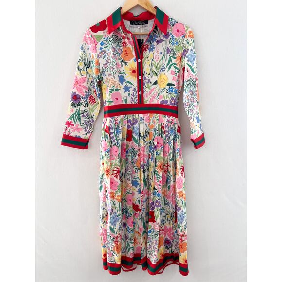 NEW Dalia Macphee Floral Pleated Fit Flare Midi 50s Dress Small Retro Rockabilly - Picture 2 of 7